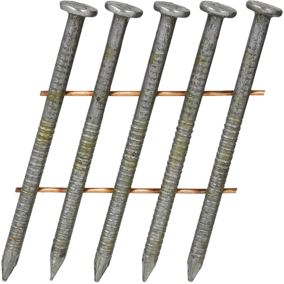 Clous en rouleau coniques 16° annelés clair SE21APBV 2,1x50 mm SENCO — Clous SENCO en rouleau 2,1 x 50 mm annelés, gros plan sur cinq clous liés par fils de cuivre