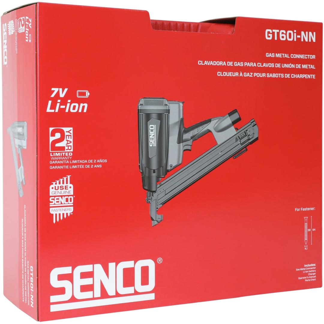 Cloueur à gaz bande 34° Sabots GT60i-NN SENCO — Cloueur à gaz pour sabots SENCO GT60i-NN dans son carton rouge à découpe poignée, schéma coté