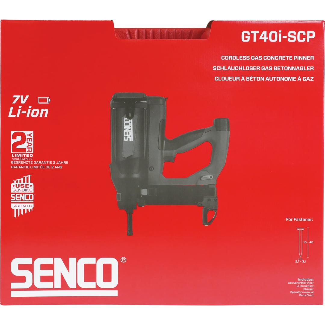 Cloueur gaz béton GT40i-SCP SENCO — Cloueur gaz béton SENCO GT40i-SCP dans son carton rouge à poignée découpée, pastille 7V Li-ion