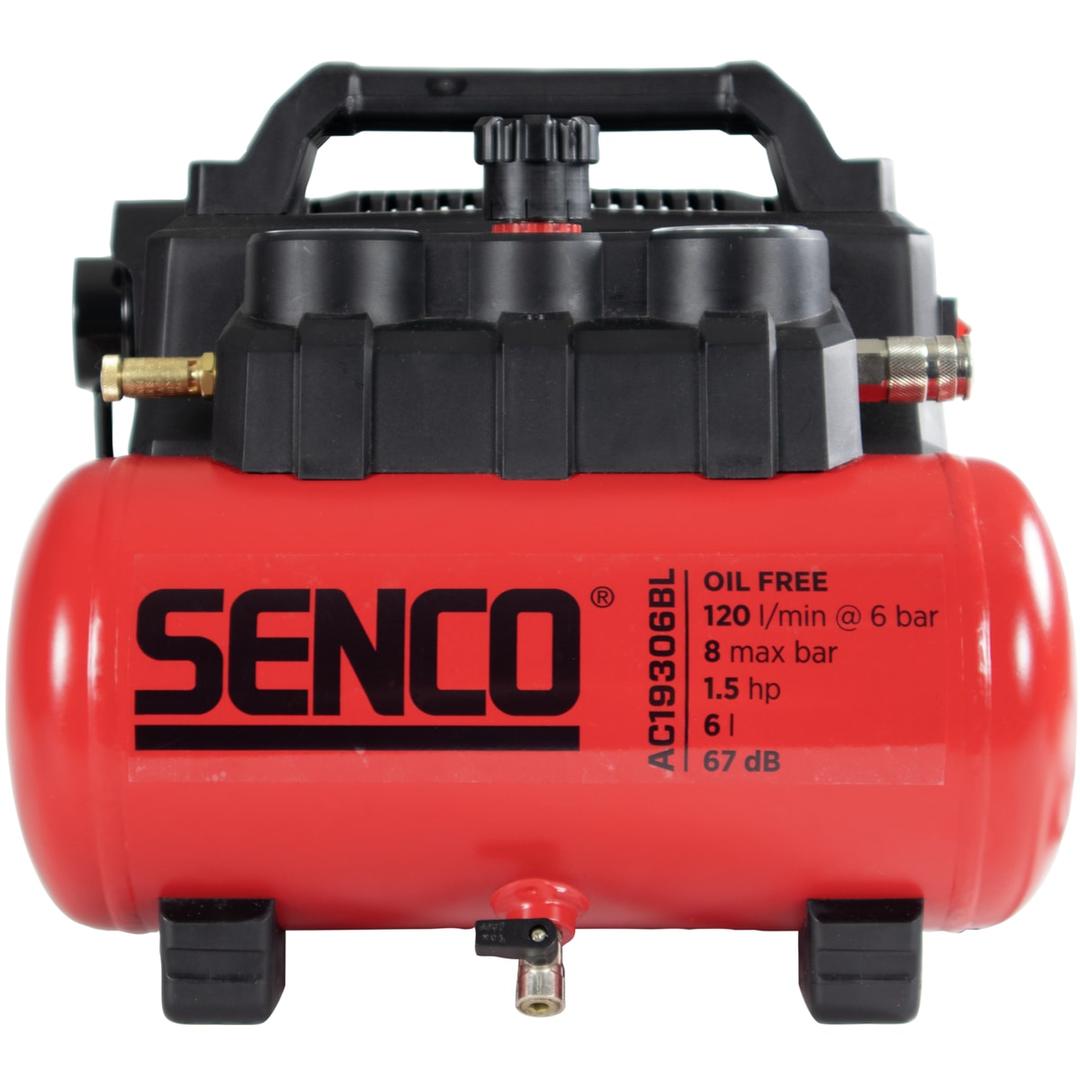 Compresseur AC19306BL sans huile SENCO — Compresseur SENCO AC19306BL sans huile de face, cuve rouge horizontale et capot moteur noir à poignée