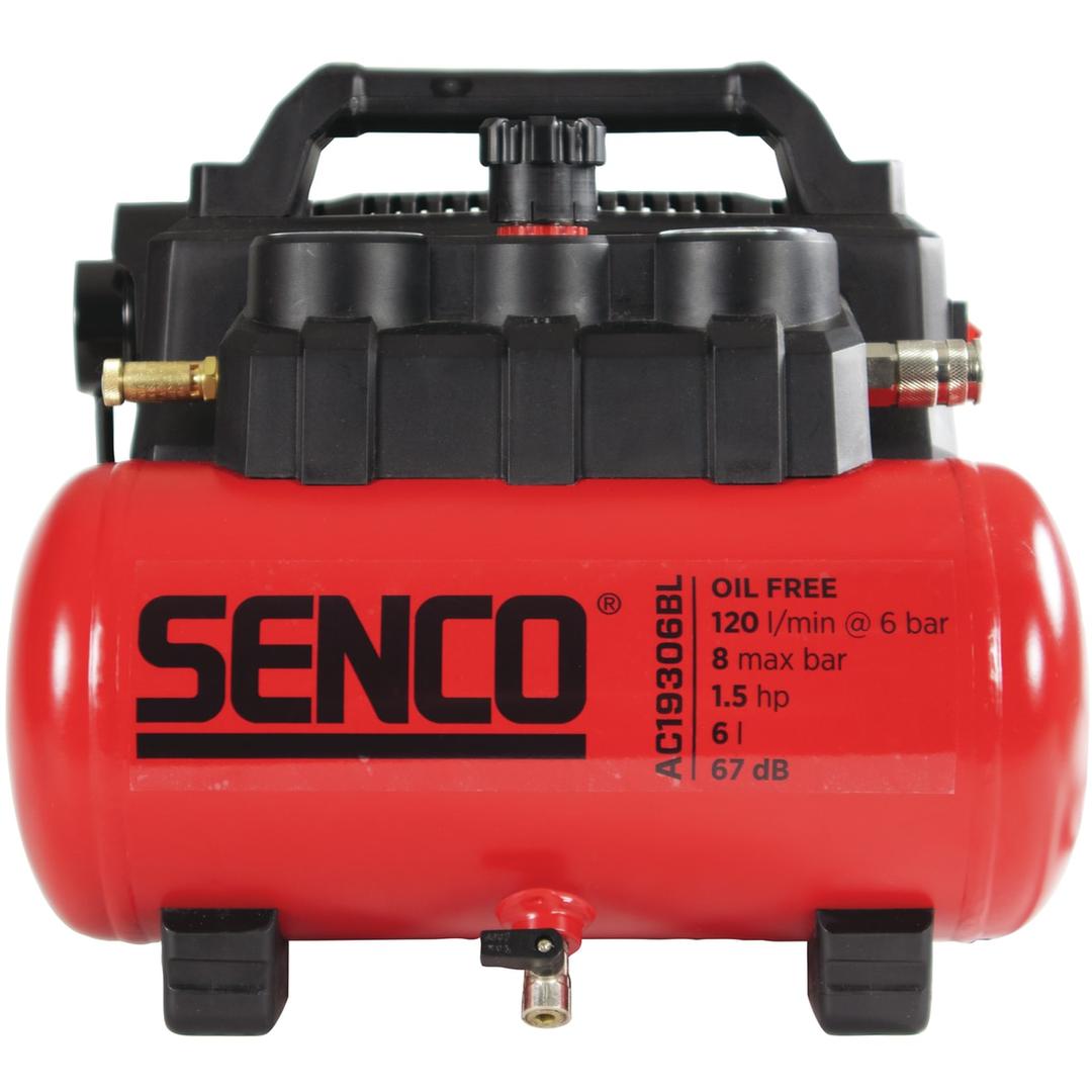 Compresseur AC19306BL sans huile SENCO — Compresseur SENCO AC19306BL sans huile de face, deux raccords laiton et robinet de purge rouge
