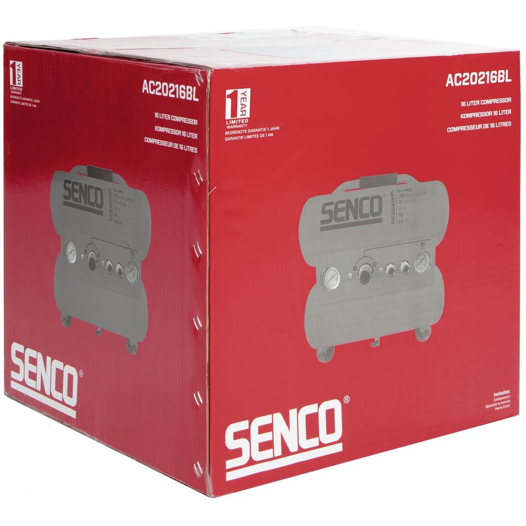 Compresseur AC20216BL sans huile SENCO — Compresseur SENCO AC20216BL sans huile dans son carton rouge sous film, visuel du modèle 16 litres