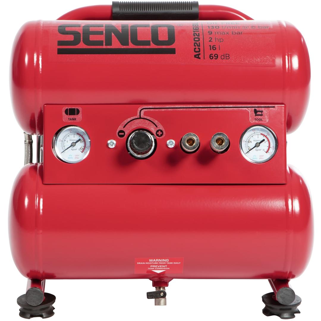 Compresseur AC20216BL sans huile SENCO — Compresseur SENCO AC20216BL sans huile de face, deux cuves rouges superposées et deux manomètres