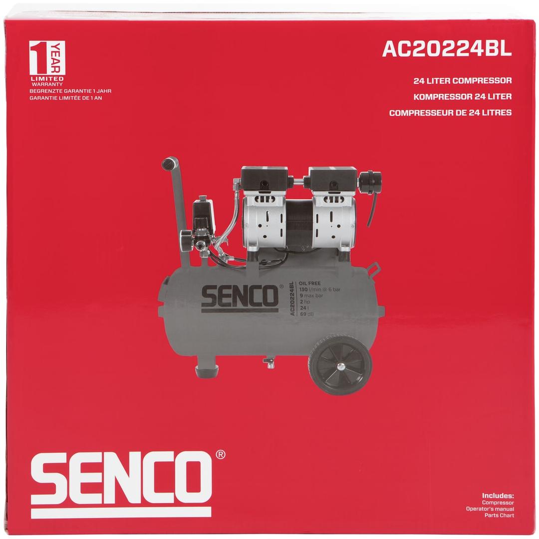 Compresseur AC20224BL sans huile SENCO — Compresseur SENCO AC20224BL sans huile dans son carton rouge fermé, visuel du modèle 24 litres sur roues
