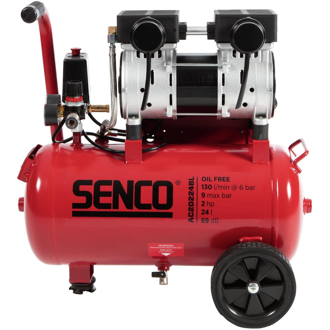 Compresseur AC20224BL sans huile SENCO — Compresseur SENCO AC20224BL sans huile de profil, cuve rouge sur roue, moteur alu bicylindre et manostat