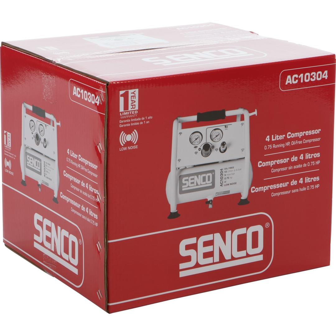 Compresseur SENCO AC10304 discret sans huile SENCO — Compresseur SENCO AC10304 4 l sans huile dans son carton rouge fermé par un feuillard