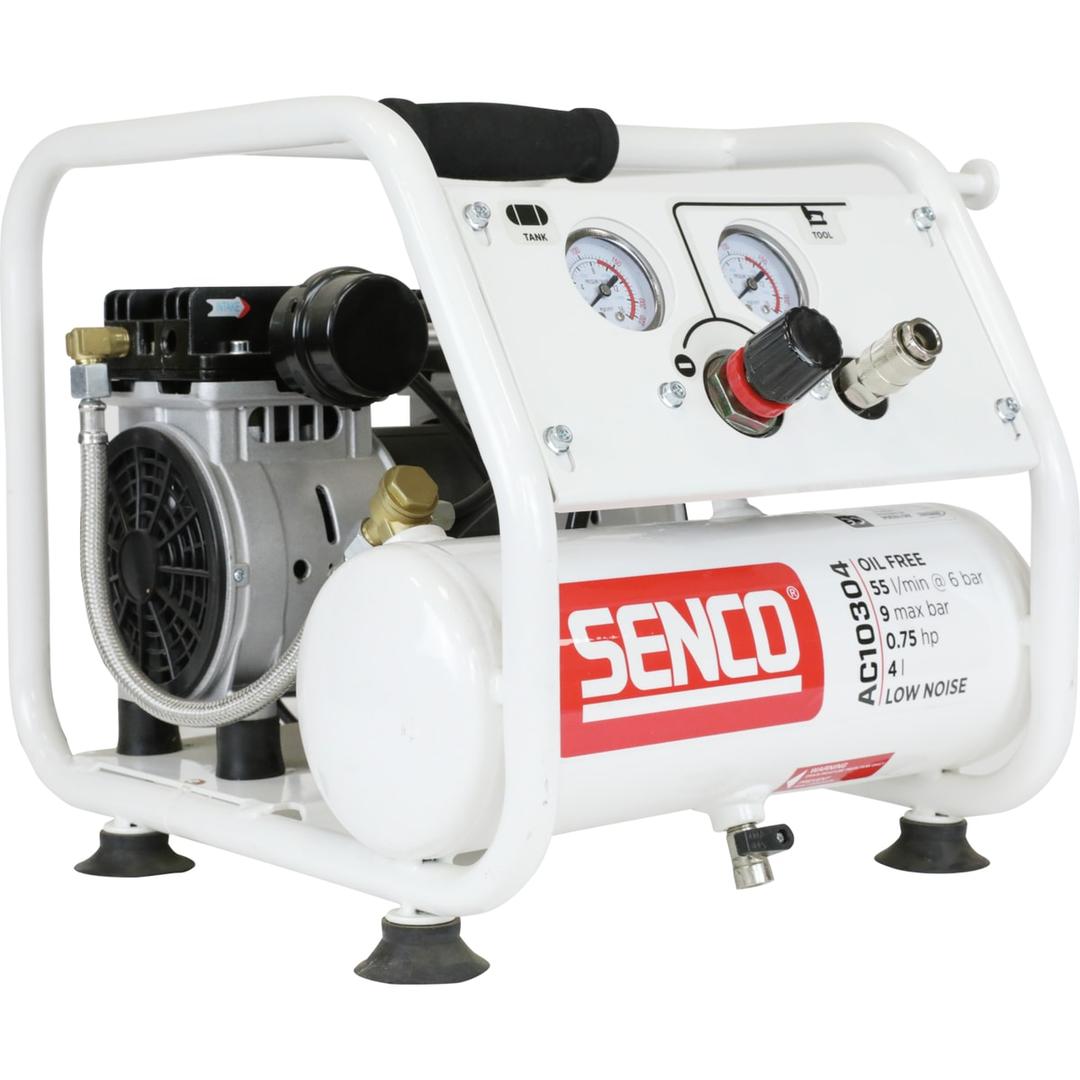 Compresseur SENCO AC10304 discret sans huile SENCO — Compresseur SENCO AC10304 sans huile de trois quarts, moteur monocylindre et cuve horizontale
