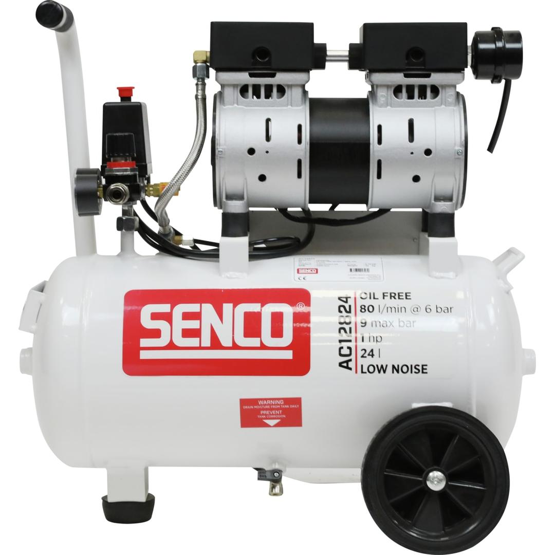 Compresseur SENCO AC12824 discret sans huile SENCO — Compresseur SENCO AC12824 sans huile de profil, moteur bicylindre alu, manostat et grande roue
