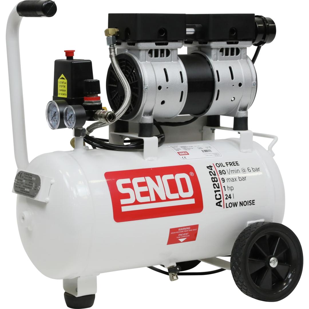 Compresseur SENCO AC12824 discret sans huile SENCO — Compresseur SENCO AC12824 sans huile de trois quarts, deux manomètres, flexible tressé et cuve horizontale