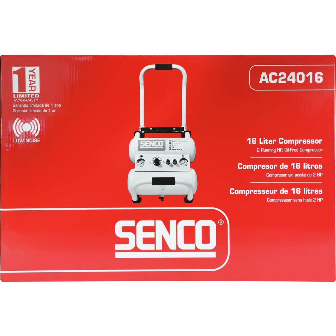 Compresseur SENCO AC24016 discret sans huile SENCO — Compresseur SENCO AC24016 16 l sans huile dans son carton rouge, visuel bi-cuve à poignée arceau