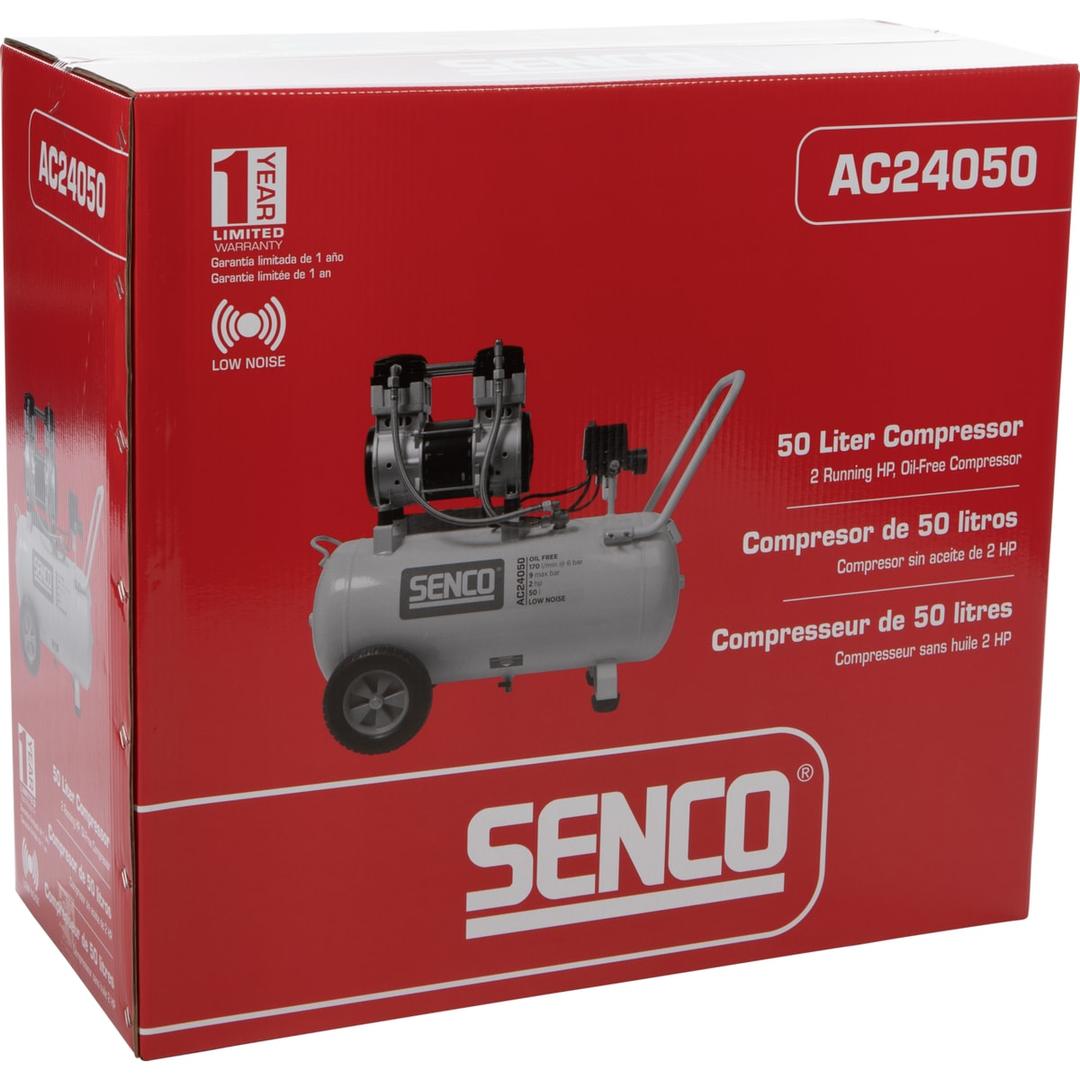 Compresseur SENCO AC24050 discret sans huile SENCO — Compresseur SENCO AC24050 50 l sans huile dans son carton rouge fermé, moteur bicylindre imprimé