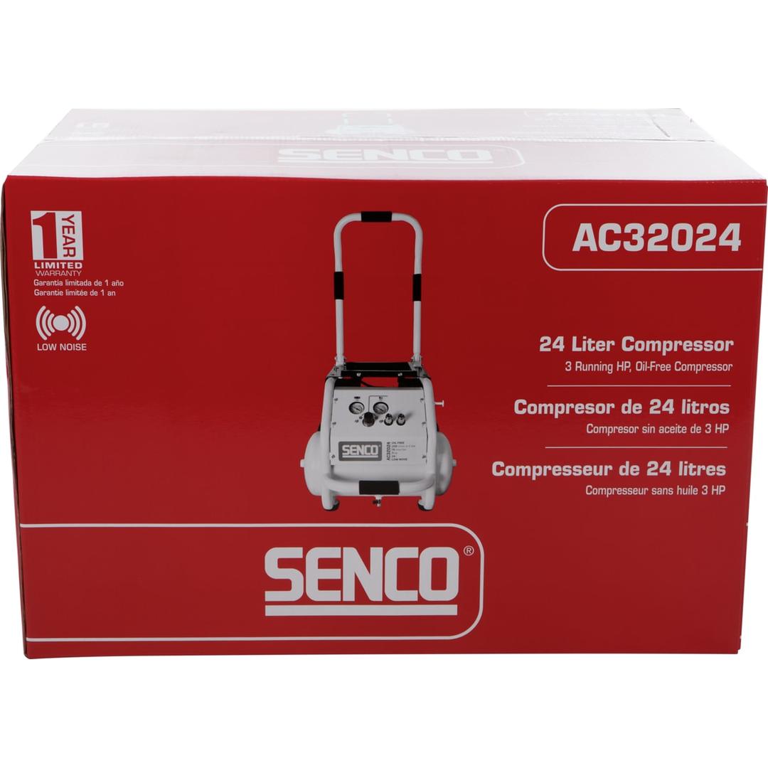 Compresseur SENCO AC32024 discret sans huile SENCO — Compresseur SENCO AC32024 24 l sans huile dans son carton rouge, visuel bi-cuve sur chariot