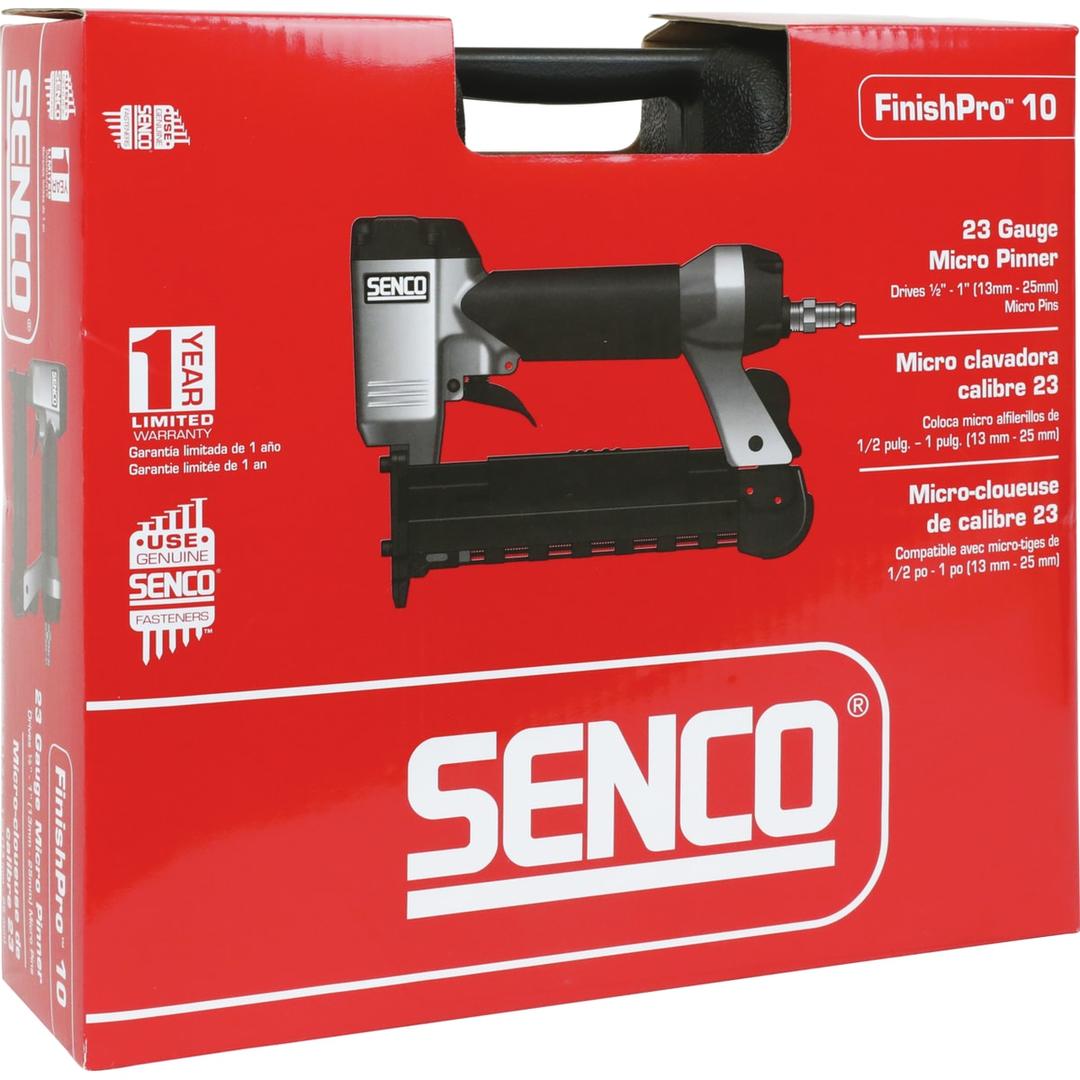 Cloueur pneumatique FINISHPRO 10 SENCO — Cloueur SENCO FinishPro 10 12-25 mm dans son carton rouge à poignée noire, garantie 1 an