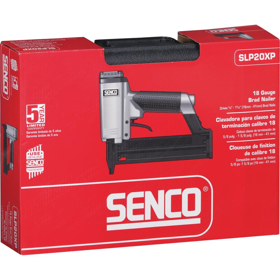 Cloueur pneumatique SLP20 XP SENCO — Cloueur SENCO SLP20XP 15-42 mm dans son carton rouge à poignée noire, garantie 5 ans