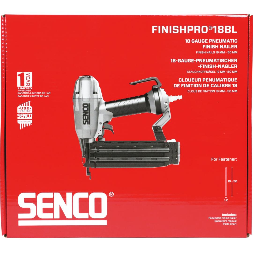 Cloueur pneumatique FinishPro18BL G18 SENCO — Cloueur SENCO FinishPro 18BL 15-50 mm dans son carton rouge, schéma de longueur de clou de face