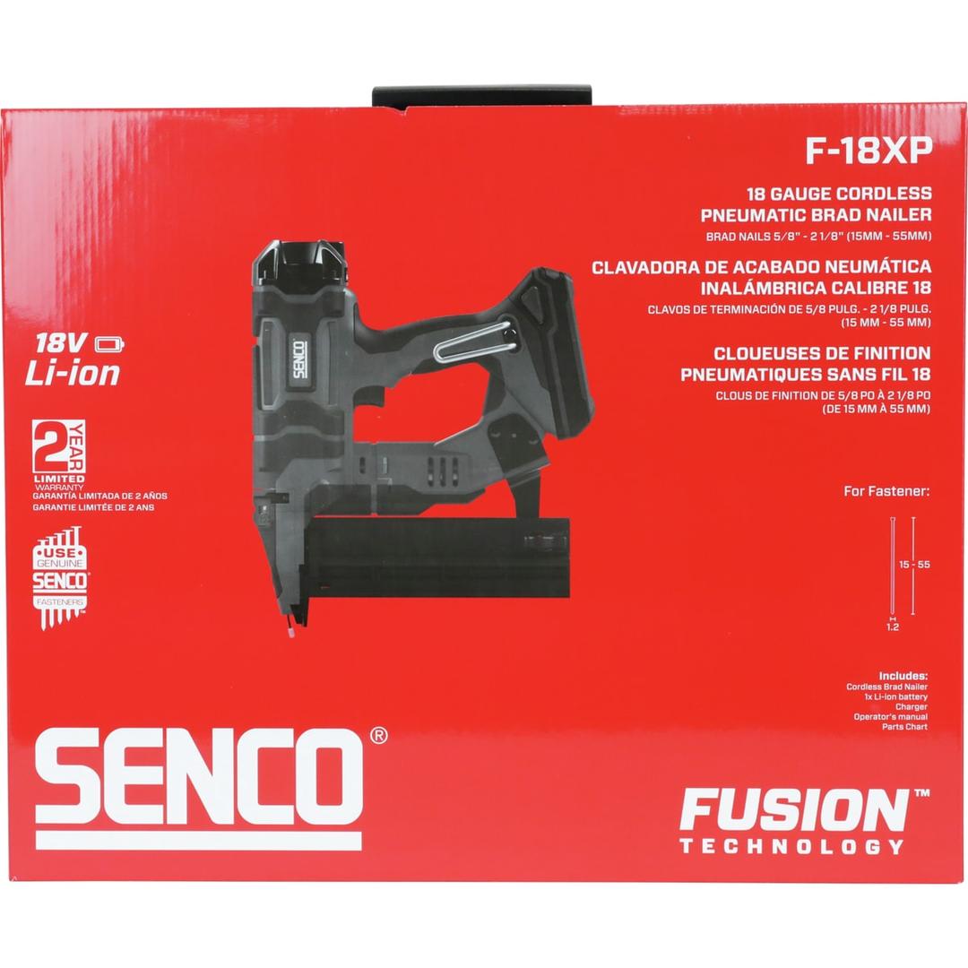 Cloueur sur batterie FUSION F-18XP + 1x Batterie Li-ion 18V SENCO — Cloueur SENCO Fusion F-18XP 15-55 mm dans son carton rouge à poignée noire, de face