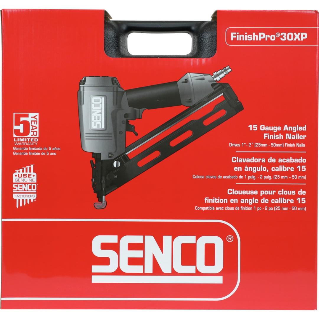 Cloueur pneumatique FINISHPRO 30XP DUAL/RESTR SENCO — Cloueur SENCO FinishPro 30XP 25-50 mm dans son carton rouge fermé à poignée noire, garantie 5 ans
