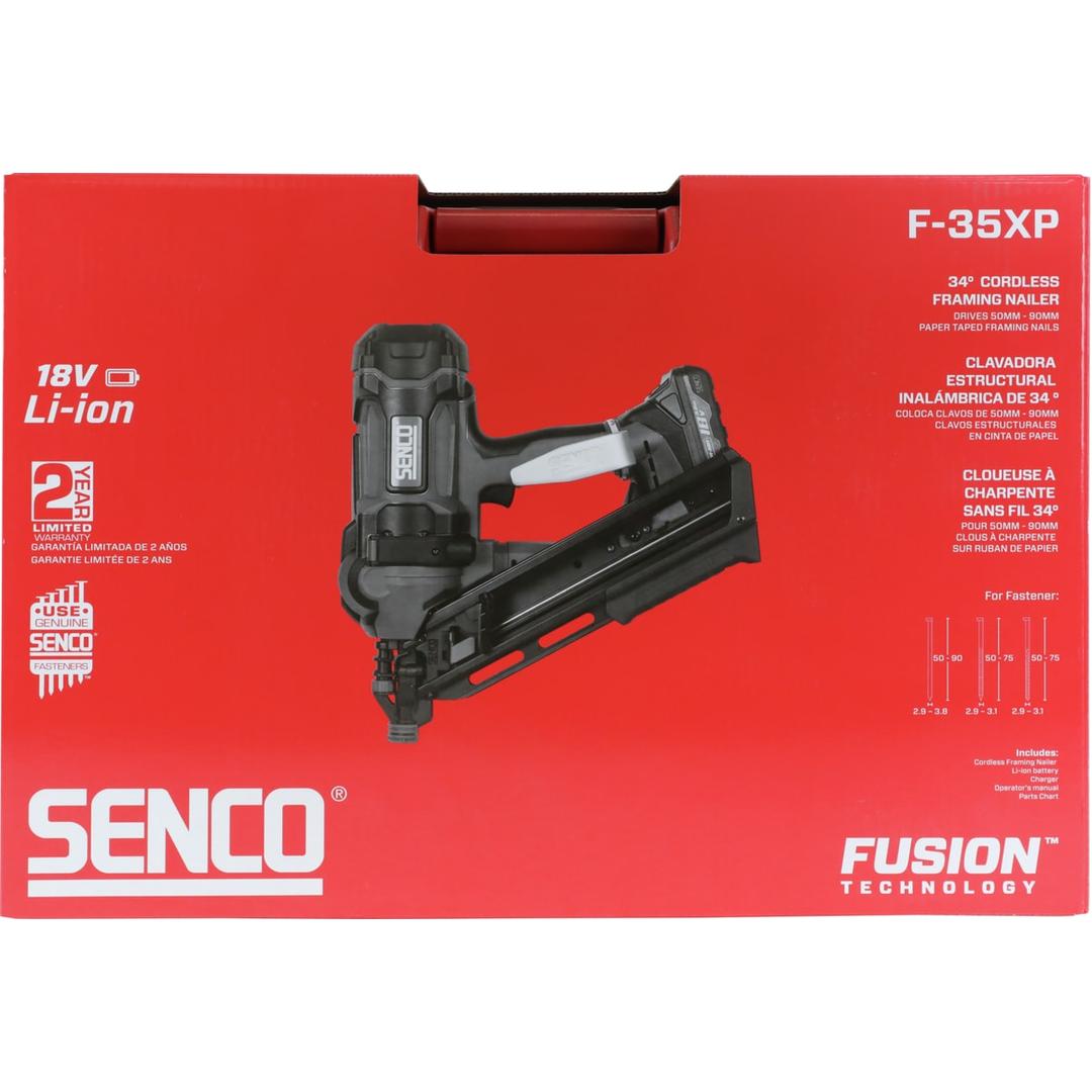 Cloueur sur batterie FUSION F-35XP + 2 batteries 4Ah SENCO — Cloueur SENCO Fusion F-35XP 50-90 mm dans son carton rouge fermé à poignée noire, garantie 2 ans