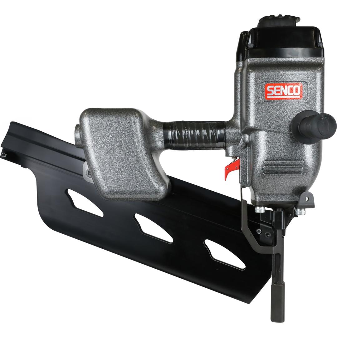 Cloueur bande 21° pneumatique SN1602 - 160mm SENCO — Cloueur SENCO SN1602 bande 21° 160 mm de trois quarts magasin à gauche, bouchon d'air noir à l'arrière