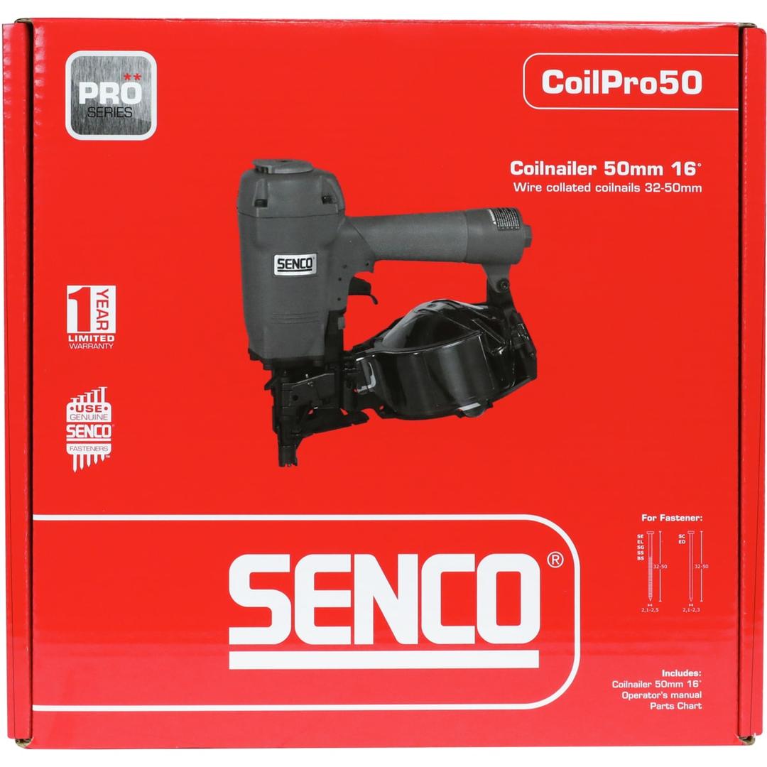 Cloueur rouleau construction pneumatique CoilPRO50 SENCO — Cloueur à rouleau SENCO CoilPro50 dans son carton rouge Pro Series imprimé du schéma de clous 32-50 mm