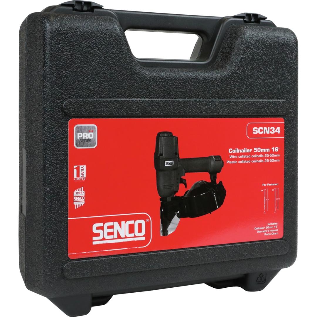 Cloueur rouleau pneumatique Construction SCN34 SENCO — Cloueur à rouleau SENCO SCN34 dans sa mallette plastique noire fermée à étiquette rouge Pro Series