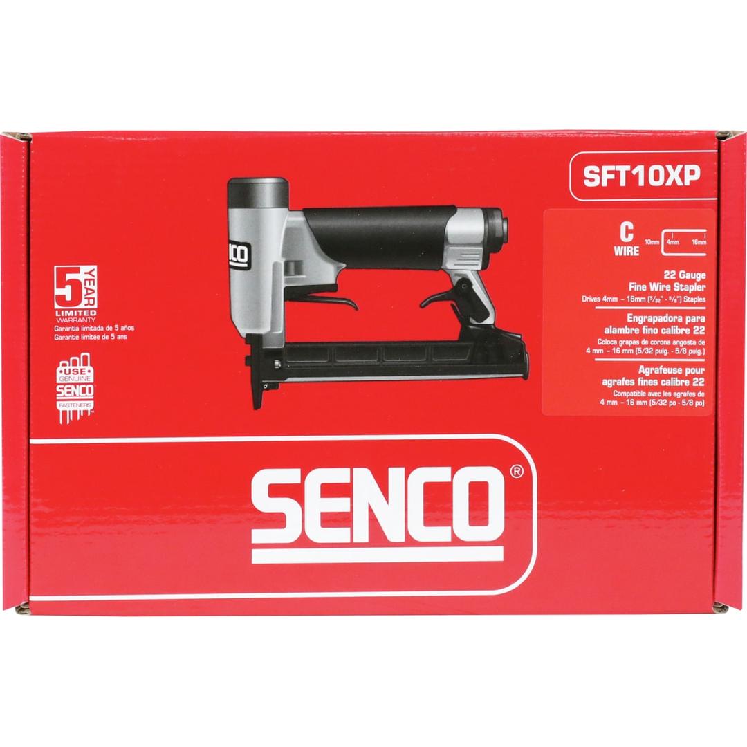 Agrafeuse pneumatique SFT10XP C SENCO — Agrafeuse SENCO SFT10XP C 4-16 mm dans son carton rouge de face, garantie 5 ans et couronne C