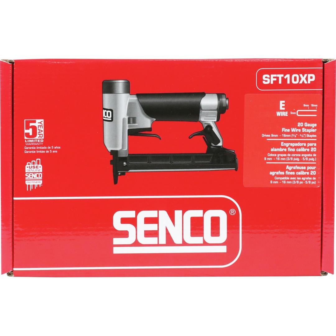 Agrafeuse pneumatique SFT10XP E SENCO — Agrafeuse SENCO SFT10XP E 6-16 mm dans son carton rouge de face, garantie 5 ans et couronne E