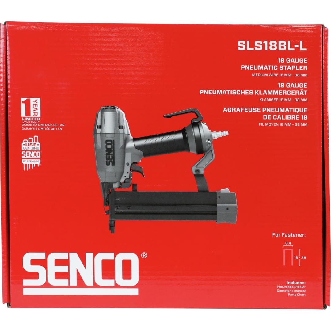 Agrafeuse Semi-Pro pneumatique SLS18BL-L SENCO — Agrafeuse SENCO SLS18BL-L 12-38 mm dans son carton rouge, de face, agrafeuse pneumatique grise imprimée