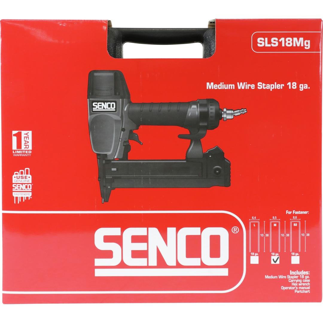Agrafeuse pneumatique SLS18M MG Magnesium SENCO — Agrafeuse SENCO SLS18M Mg 12-38 mm dans son carton rouge à poignée noire, de face sur fond blanc
