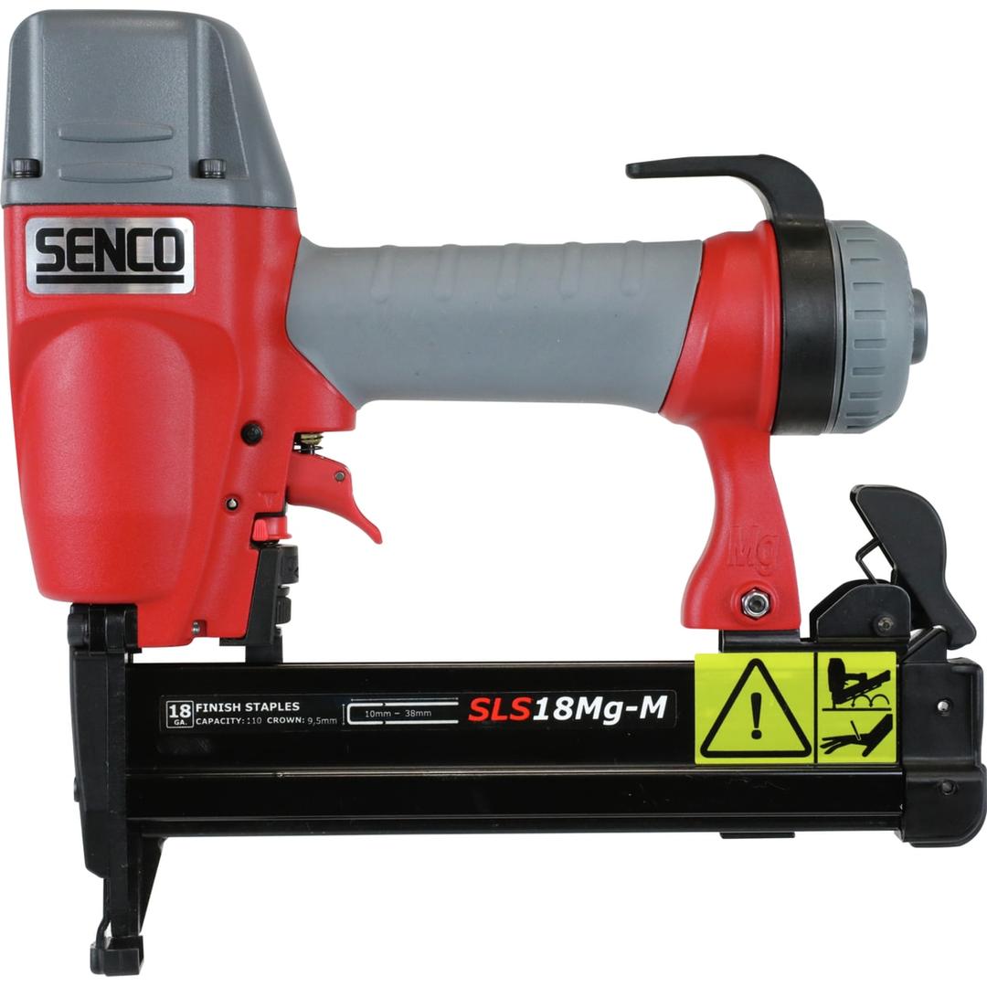 Agrafeuse pneumatique SLS18M MG Magnesium SENCO — Agrafeuse SENCO SLS18M Mg 12-38 mm de profil côté gauche, capot magnésium gris et poignée striée