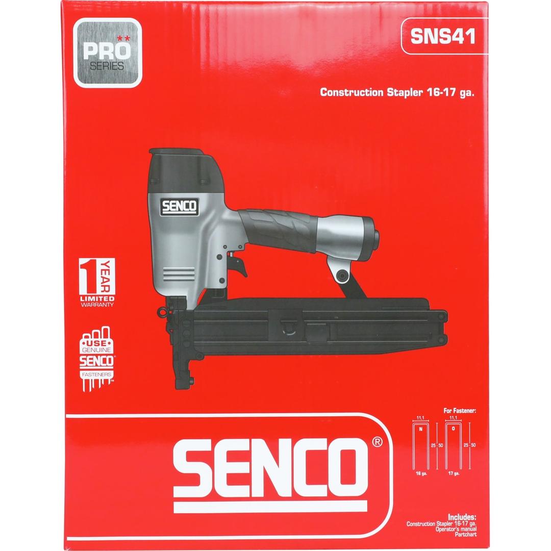 Agrafeuse pneumatique SNS41 Dual SENCO — Agrafeuse SENCO SNS41 25-50 mm dans son carton rouge de face, pictogrammes de deux agrafes cotées