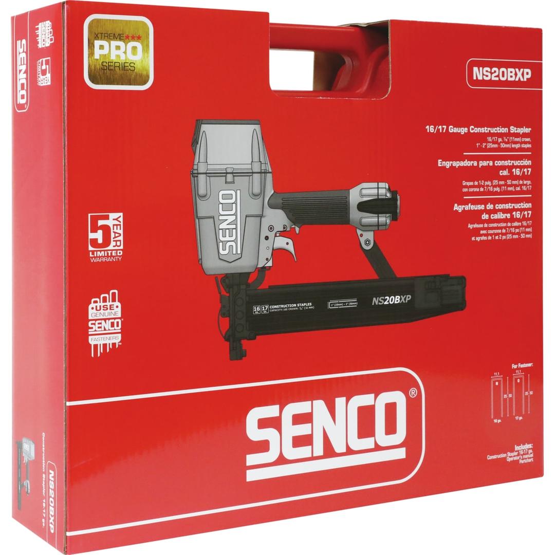 Agrafeuse pneumatique NS20BXP SENCO — Agrafeuse SENCO NS20BXP 25-50 mm dans son carton rouge Xtreme Pro Series à poignée découpée