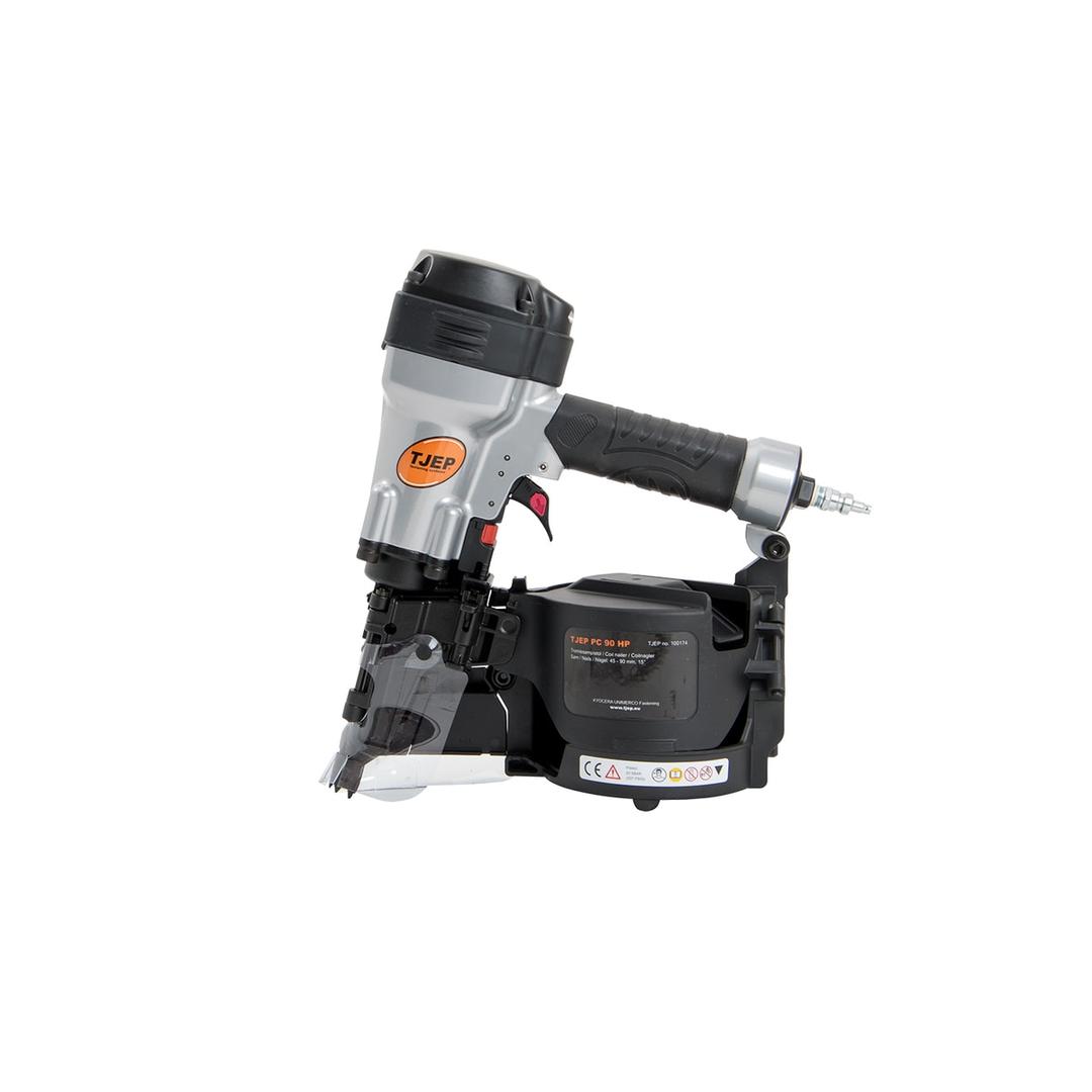 Cloueur à rouleau haute pression pneumatique PC-90, 45 à 90 mm TJEP — Cloueur à rouleau haute pression TJEP PC 90 HP de profil, magasin circulaire à trappe transparente étiqueté clous 45 à 90 mm et poignée caoutchoutée noire