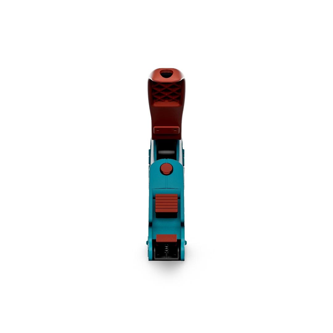 Agrafeuse manuelle J-13 NOVUS — NOVUS agrafeuse manuelle J-13 — cadrage de face dans l'axe, poignée rouge alignée sur le corps turquoise