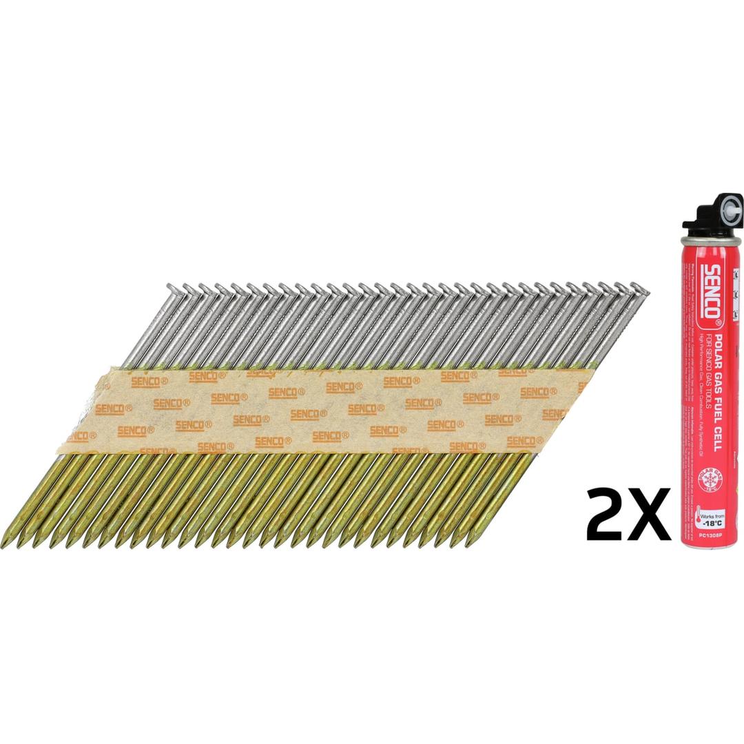 Pack gaz & clous en bande 34° lisses clair GC54APBKR-FC 2,87x60 mm & gaz PC1308P SENCO — Pack SENCO D34° 2,8x60 mm clous lisses et cartouche gaz Polar PC1308P, de trois quarts sur fond blanc