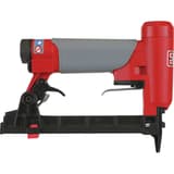 Agrafeuse pneumatique SFT10XP B SENCO — Agrafeuse SENCO SFT10XP B vue de l'autre profil, nez à droite et deux pastilles pictogrammes bleues