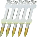 Clous d'ancrage en rouleau plats 16° annelés zingués 12µ NN18AXBD 4x40 mm SENCO — Clous SENCO 16 rouleau 40 mm annelés zingués, gros plan sur cinq clous en bande plastique