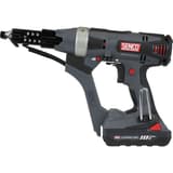 Visseuse en bande sur batterie DURASPIN DS722-18V SENCO — Visseuse en bande SENCO DS722-18V de profil, long guide-bande gradué à sangle de rappel noire