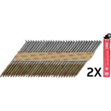 Pack gaz & clous en bande 34° annelés clair GE55APBKR-FC 2,87x65 mm & gaz PC1308P SENCO — Pack SENCO D34° clous 2,8 x 65 mm annelés brillants et cartouche de gaz, de trois quarts sur fond blanc