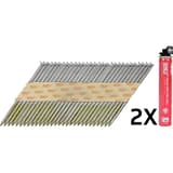 Pack gaz & clous en bande 34° lisses clair HC56APBKR-FC 3,1x70 mm & gaz PC1308P SENCO — Pack SENCO D34° clous 3,1 x 70 mm lisses brillants et cartouche de gaz, de trois quarts sur fond blanc