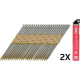 Pack gaz & clous en bande 34° annelés inox A2 HE57AGBKR-FC 3,1x75 mm & gaz PC1308P SENCO — Pack SENCO D34° clous 3,1 x 75 mm annelés inox 304 et cartouche de gaz, de trois quarts sur fond blanc