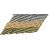 Clous en bande 34° annelés galvanisés à chaud EE47ASB 2,3x38 mm SENCO — Clous SENCO D34° 2,3x38 mm annelés galvanisés à fûts dorés, de trois quarts sur fond blanc