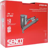 Cloueur à gaz bande 34° Sabots GT60i-NN SENCO — Cloueur à gaz pour sabots SENCO GT60i-NN dans son carton rouge à découpe poignée, schéma coté