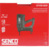 Cloueur gaz béton GT40i-SCP SENCO — Cloueur gaz béton SENCO GT40i-SCP dans son carton rouge à poignée découpée, pastille 7V Li-ion