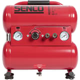 Compresseur AC20216BL sans huile SENCO — Compresseur SENCO AC20216BL sans huile de face, deux cuves rouges superposées et deux manomètres