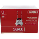 Compresseur SENCO AC32024 discret sans huile SENCO — Compresseur SENCO AC32024 24 l sans huile dans son carton rouge, visuel bi-cuve sur chariot
