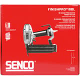 Cloueur pneumatique FinishPro18BL G18 SENCO — Cloueur SENCO FinishPro 18BL 15-50 mm dans son carton rouge, schéma de longueur de clou de face