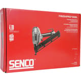 Cloueur Semi-Pro pneumatique FINISHPRO 35BL SENCO — Cloueur SENCO FinishPro 35BL 32-63 mm dans son carton rouge, schéma de longueur de clou