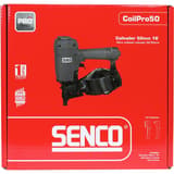 Cloueur rouleau construction pneumatique CoilPRO50 SENCO — Cloueur à rouleau SENCO CoilPro50 dans son carton rouge Pro Series imprimé du schéma de clous 32-50 mm