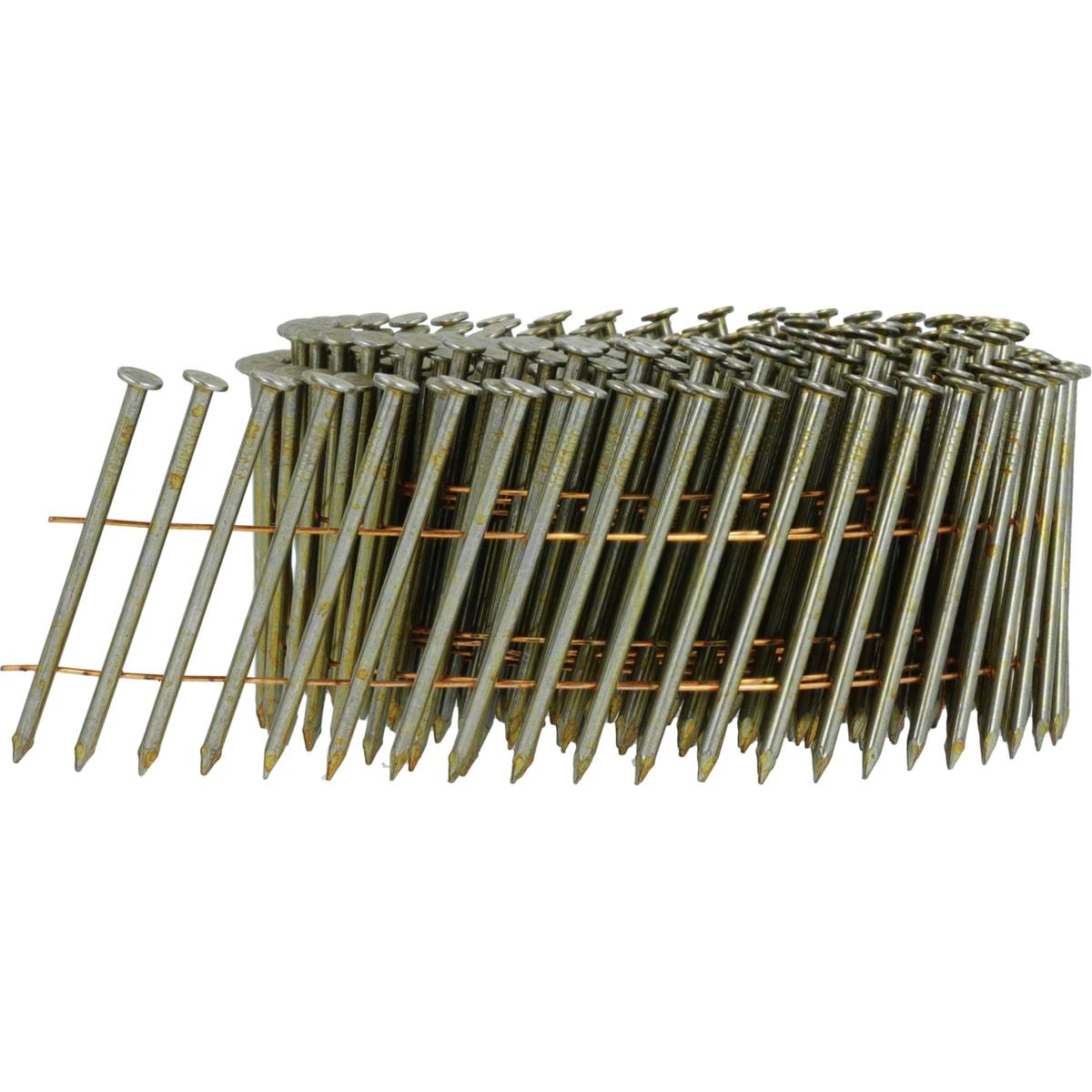 Clous SENCO 2.3 x 55 mm lisses finition claire, rouleau et fils de liaison cuivre, vu de trois quarts sur fond blanc